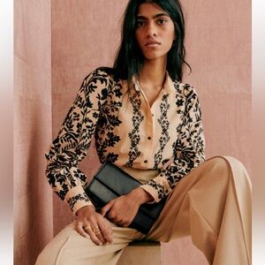 Sézane Beige and Black Floral Linen Blouse Size 38 EUC